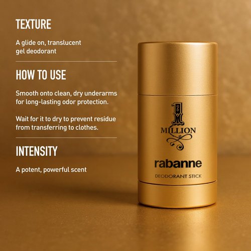 Rabanne 1 Million Deodorant Stick for Men - Long-Lasting Luxury Fragrance with Leather & Spice, 2.2 oz