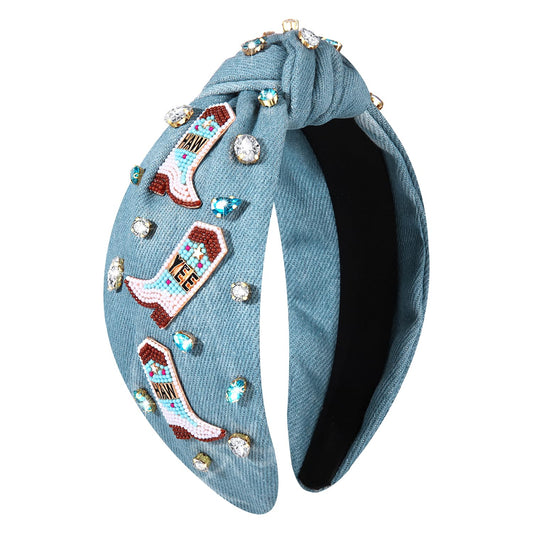 Western Cowgirl Headband Accessories for Women Cowgirl Cowboy Boot Embellished Headband Rhinestone Crystal Pearl Top Knot Headband Rodeo Nashville Bachelorette Party Country Concert Outfit (Blue)