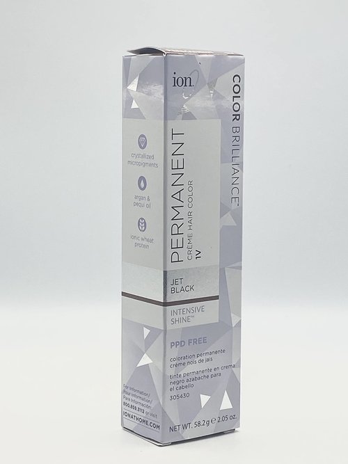 ion Permanent Creme Hair Color 1V Jet Black, Vegan, Cruelty Free, PPD Free, 100% Gray Coverage, Long Lasting, Fade Resistant Color, 2.05 oz