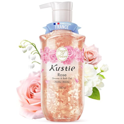 Kustie Rose Floral Body Wash - Luxury Botanical Shower Gel with Real Petals & Rose Oil, 12.8 fl oz