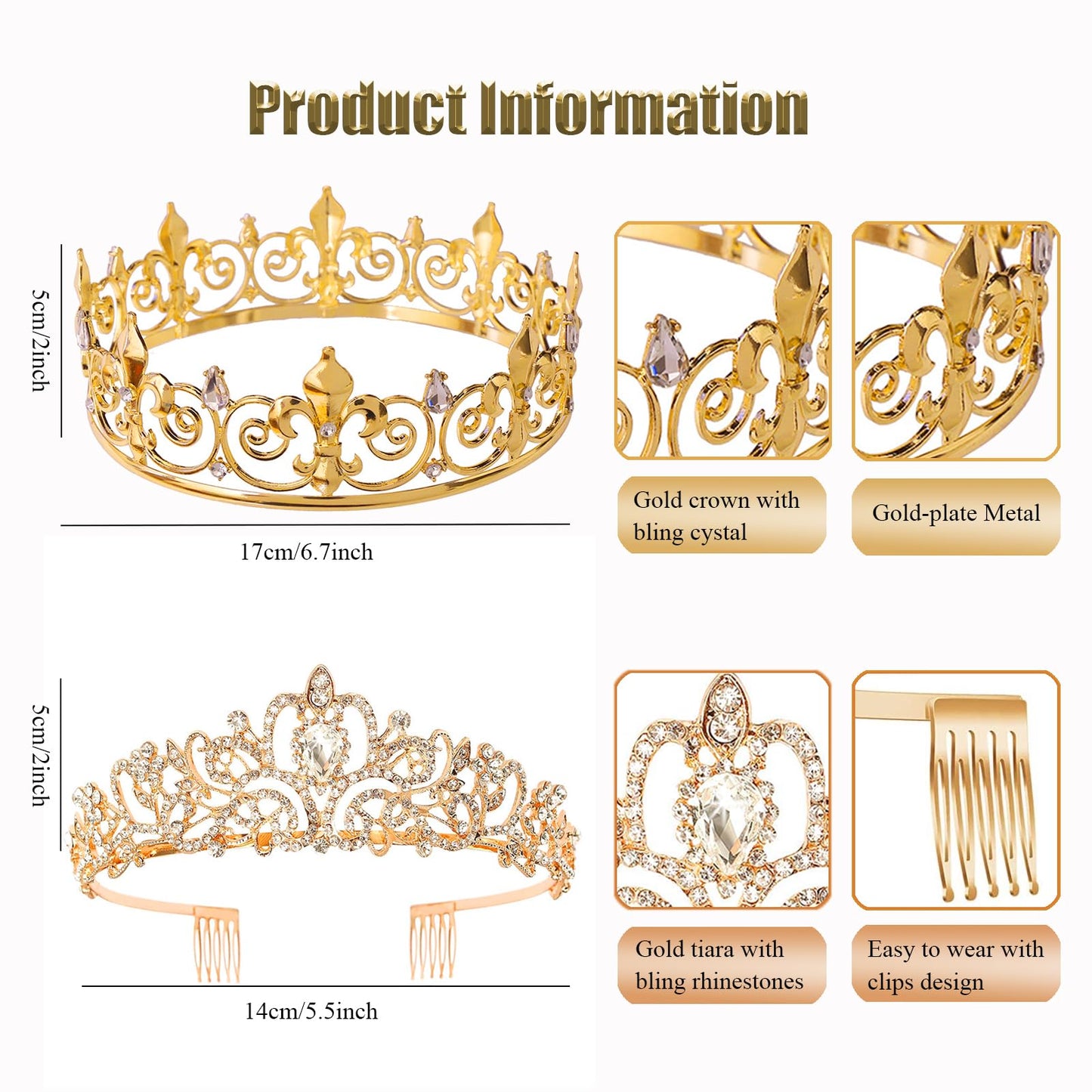 AMind4U 2PCS King and Queen Crown Set Metal Crown for Men and Women Crystal Tiaras for Girls Costume Accessories for Prom Wedding (Gold 1)