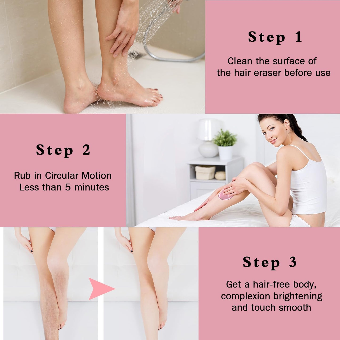 Crystal Hair Eraser for Women and Men, Reusable Crystal Hair Remover Magic Painless Exfoliation Hair Removal Tool, Magic Hair Eraser Device for Back Arms Legs (Pink)