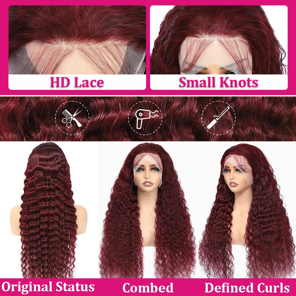 Skiennix 24-Inch 99J Burgundy Deep Wave Wig - HD Transparent Lace Front, 180 Density, Pre-Plucked