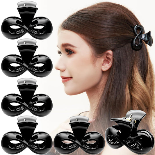 RC ROCHE ORNAMENT 6 Pcs Womens Infinity Bow Hair Clip Cute Claw Jaw Spring Strong Hold Secure Grip No Slip Interlocking Teeth Girls Fashion Clamp Clips, Medium Black