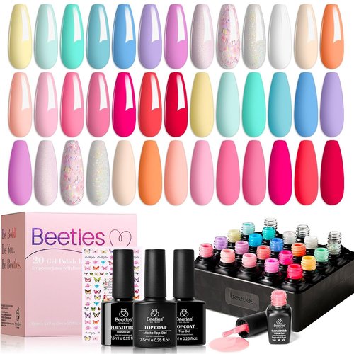 Beetles 23Pcs Gel Nail Polish Set with Base Top Coat, Pastel Bright Neon Colors Gel Polish Kit Nude Blue Pink Red Green Purple Colors Soak off Uv Nail Spring Gift for Girls