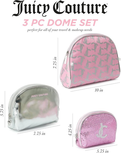 Juicy Couture Makeup Bag Set - Silver Pink Glitter Organizer for Travel Essentials | 3-Piece Clutch