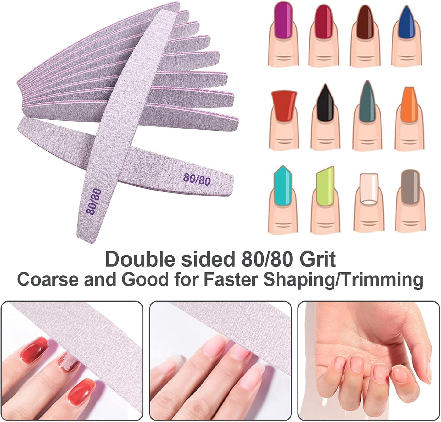Skiennix 80/80 Grit Nail Files - Professional Double-Sided Emery Boards for Acrylic & Gel Nails | 10 Pack, Curved Gray