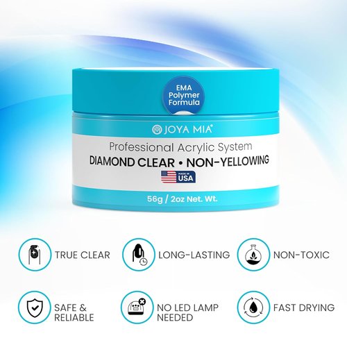 Joya Mia Acrylic Powder - MMA-Free Professional Nail Enhancements with Super Adhesion | Diamond Clear, 2 oz