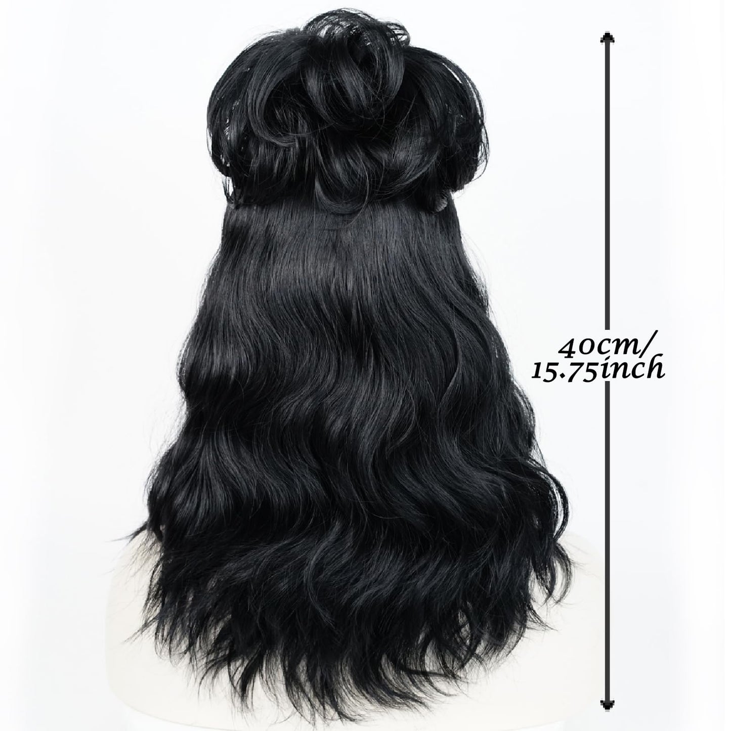 Wiggy Mermaid Black Lydia Wig with Red Veil, 40cm Long Black Wavy Bride Wig Goth Wig with Detachable Bun + Wig Cap for Halloween Costume Party Cosplay