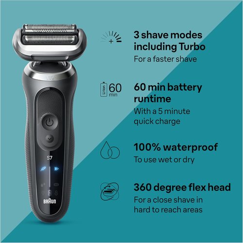 Braun Electric Shaver Series 7 7127cs - Waterproof Wet & Dry Shaving with Turbo & Gentle Modes | Space Grey