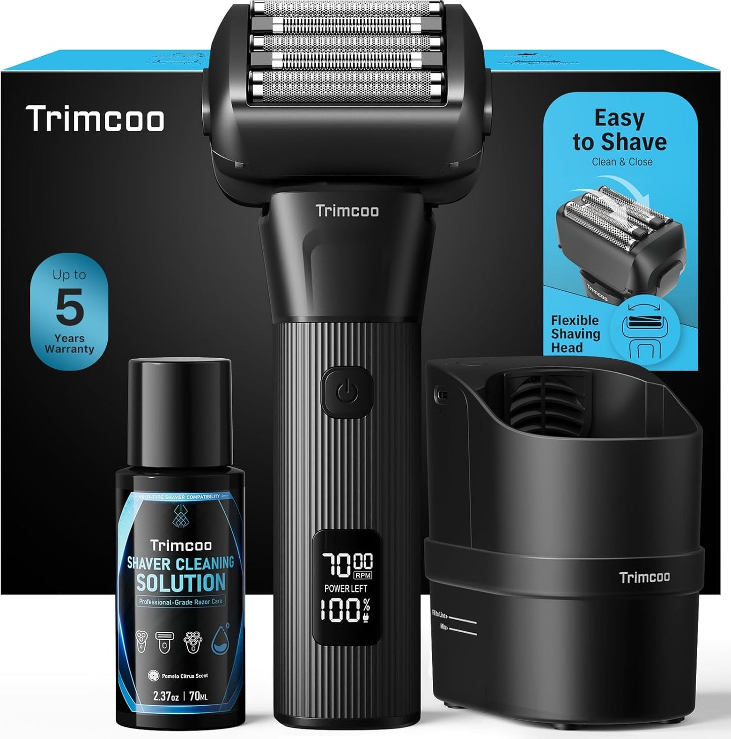 Trimcoo Electric Shaver for Men - 5-Blade Foil Razor Kit | Gentle on Sensitive Skin, USB-C Charging, 180min Runtime, IPX7 Wet/Dry Use