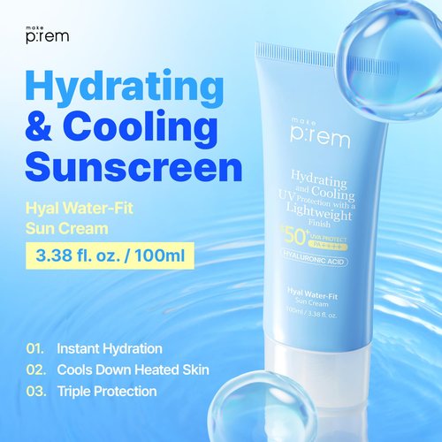 MAKE P:REM Hyal Water-Fit Sunscreen - Hydrating SPF 50+ Face & Body Protection | 3.38 fl. oz.