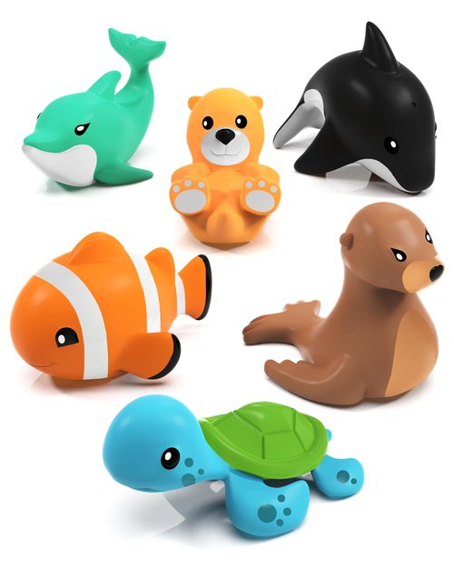 Tub Works® Marine™ Mold Free Bath Toys, 6 Pack | Sealed, No Hole Bath Toys Design Keeps Moisture Out | Soft, Squeezable & Float on Water | Easy-Grip Baby & Toddler Bath Toy Set | Great Baby Pool Toys