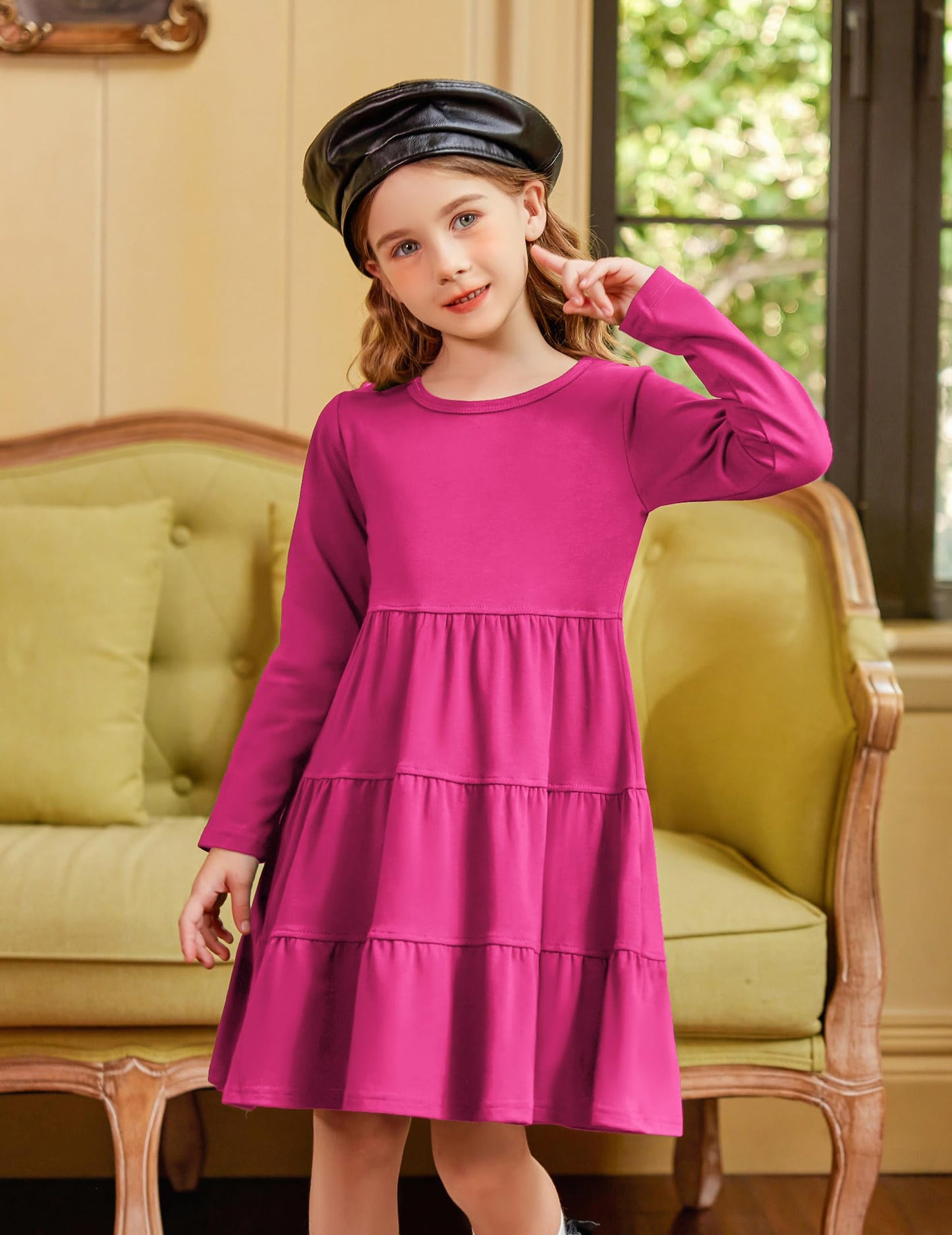 Arshiner Girls Long Sleeve Dress Fall Cotton Crewneck Tiered Ruffle Swing Solid Casual Midi Dresses Hot Pink 6 Years