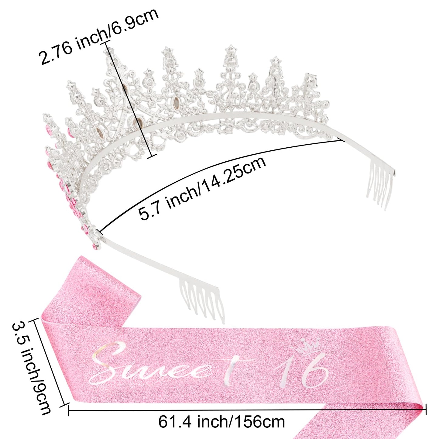 Canitor Sweet 16 Birthday Sashes and Tiaras for Girls 16th Crowns and Sash for Women 16th Birthday Party Decorations Birthday Gifts Party Supplies (pink)