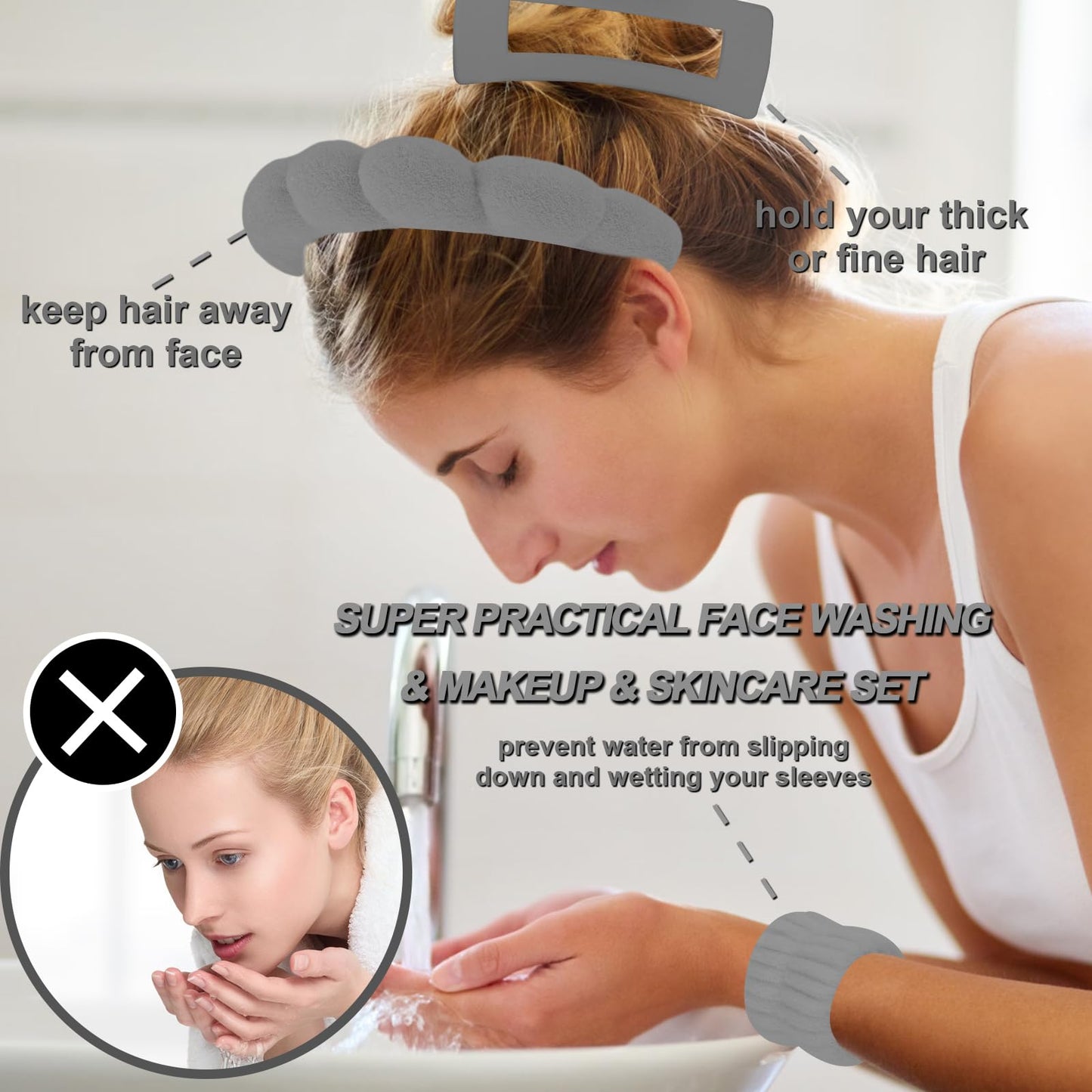 Canitor Sponge Spa Headbands Wristband Set with Hair Clips Skincare Headbands for Washing Face Non Slip Puffy Terry Cloth Makeup Headband Face Wash Wrist Bands Cute Trendy Stuff (gray)