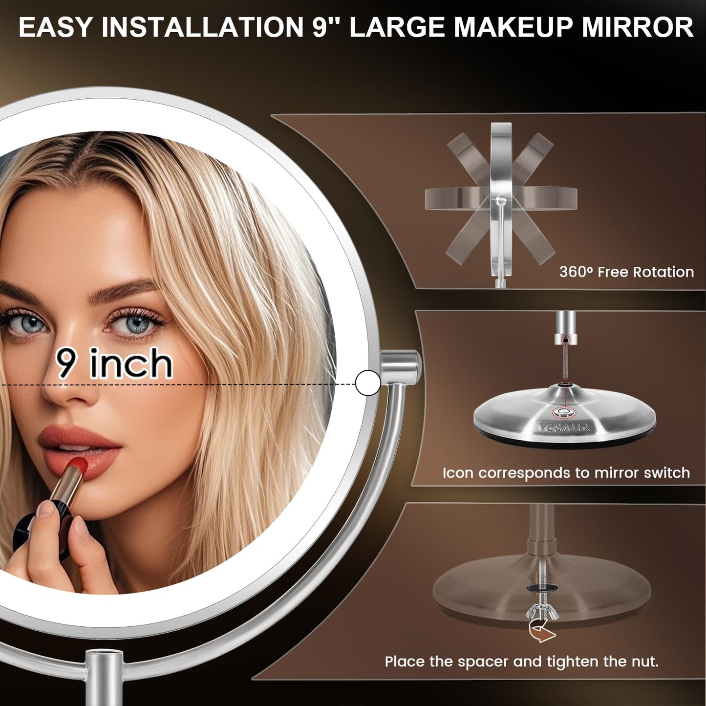 VESAUR 15X Magnifying Mirror with Light, 9" Large 5000mAh Rechargeable Double Sided HD Lighted Makeup Mirror with 3 Touch Dimmable Light, 360° Swivel Detachable for Travel Vanity Mirror Nickel, Gifts