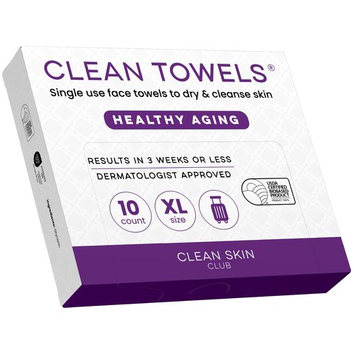 Clean Skin Club Healthy Aging Clean Towels® XL, Travel Pack, Smooths Fine Lines Wrinkles & Texture, Disposable Face Towels, Anti-Aging Dry Wipes, TSA-Approved Travel Essential, 10 Ct