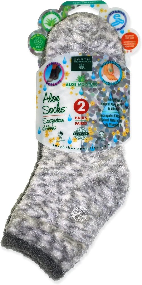 Earth Therapeutics Aloe Socks - Infused with Aloe Vera & Vitamin E for Soft, Smooth Feet - Grey/Confetti (2 Pairs)