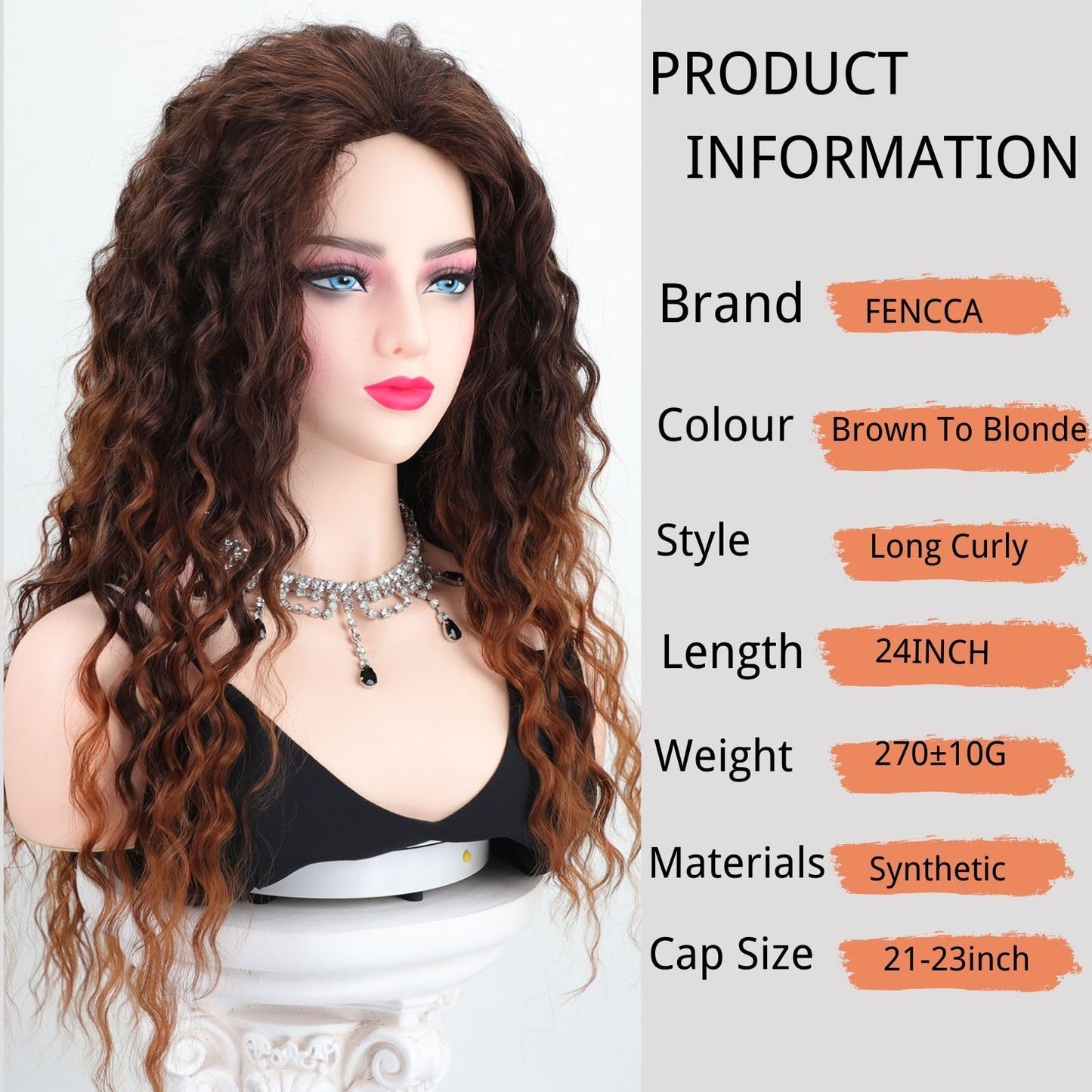 Fencca Brown Ombre Blonde Long Curly Wigs for Women Heat Synthetic Free Part Wave Curly Wig Strawberry Blonde Loose Curly Wigs for Daily Party