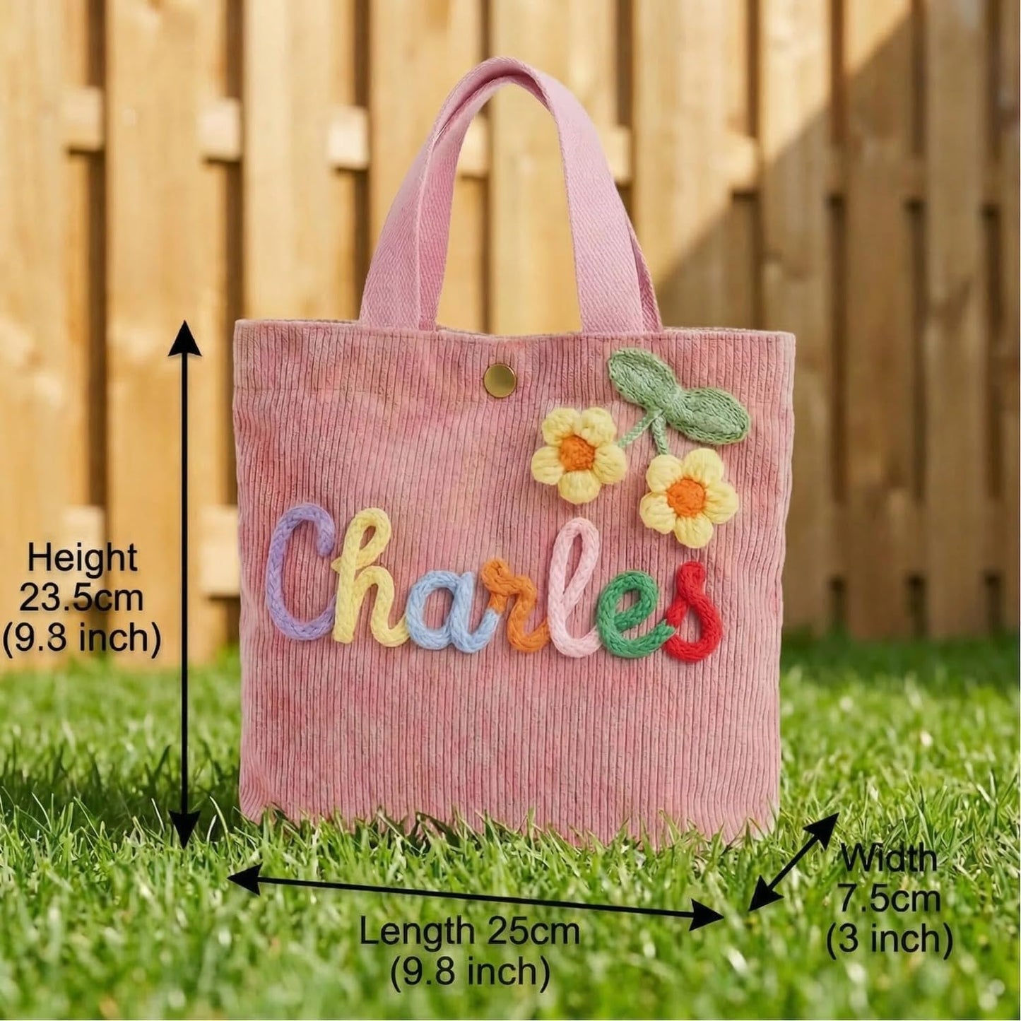 Skiennix Personalized Corduroy Tote Bag - Custom Name & 3D Crochet Flower Design | Perfect Birthday Gift for Girls