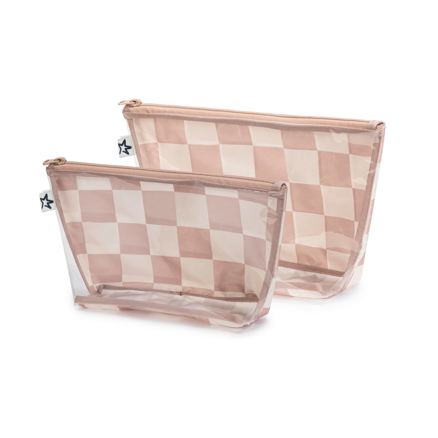 Tiny Twinkle Mess-proof Travel Bags, Airline Compliant, Zipper Closure, Clear Front Pouch, Diaper Bag Packing, Toiletry or Cosmetics Organizer 2 Pack Set (Beige Checkers)