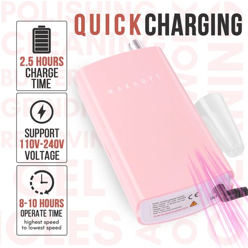 Makartt Nail Drill, Rechargeable Nail E File 30000RPM Electric Nail File, Malory Pink Portable Gel Nail Remover Machine with Nail Drill Bits & Sanding Bands for Manicure Salon Home Use