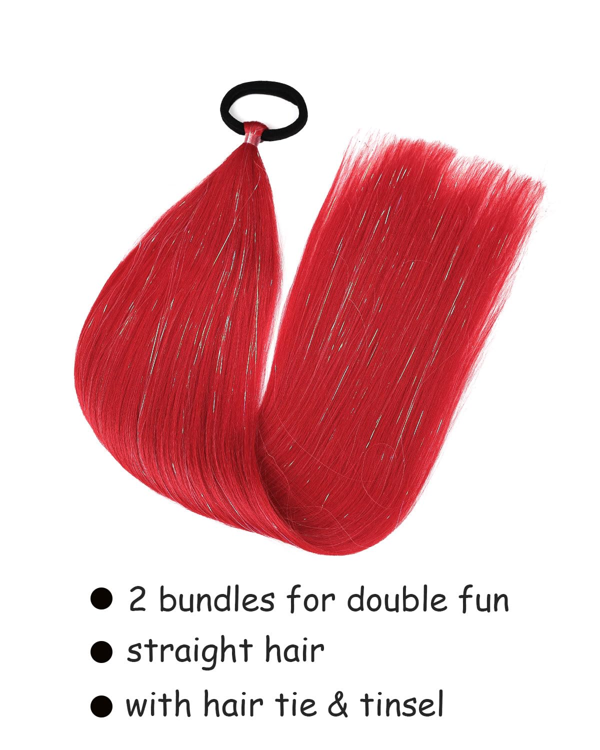 Red Ponytail Extension with Hair Tie, Crazy Hair Day Accessaries Colored Hair Extensinos for Kids, Festival Rave Hair Extensions, Kids Ponytail Extension 2 Packs 25 Inch