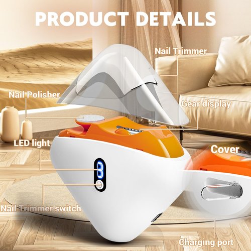 JUNZUP Electric Nail Clipper, 2-in-1 Automatic Nail Trimmer with LED Light, 3 Speeds Electric Toenail Clipper, Electric Nail Clippers for Seniors, Baby, Adults & Kids, Dark Orange