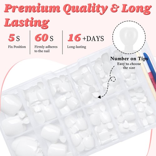 LuckForever 168pc Press on Toenails Women Fake Toe Nails with Glue Tabs, White Fake Toenails Press on Nails Short Square Acrylic Toe Nail Tips Glue on Toenails False Artificial Toe Nails Press ons