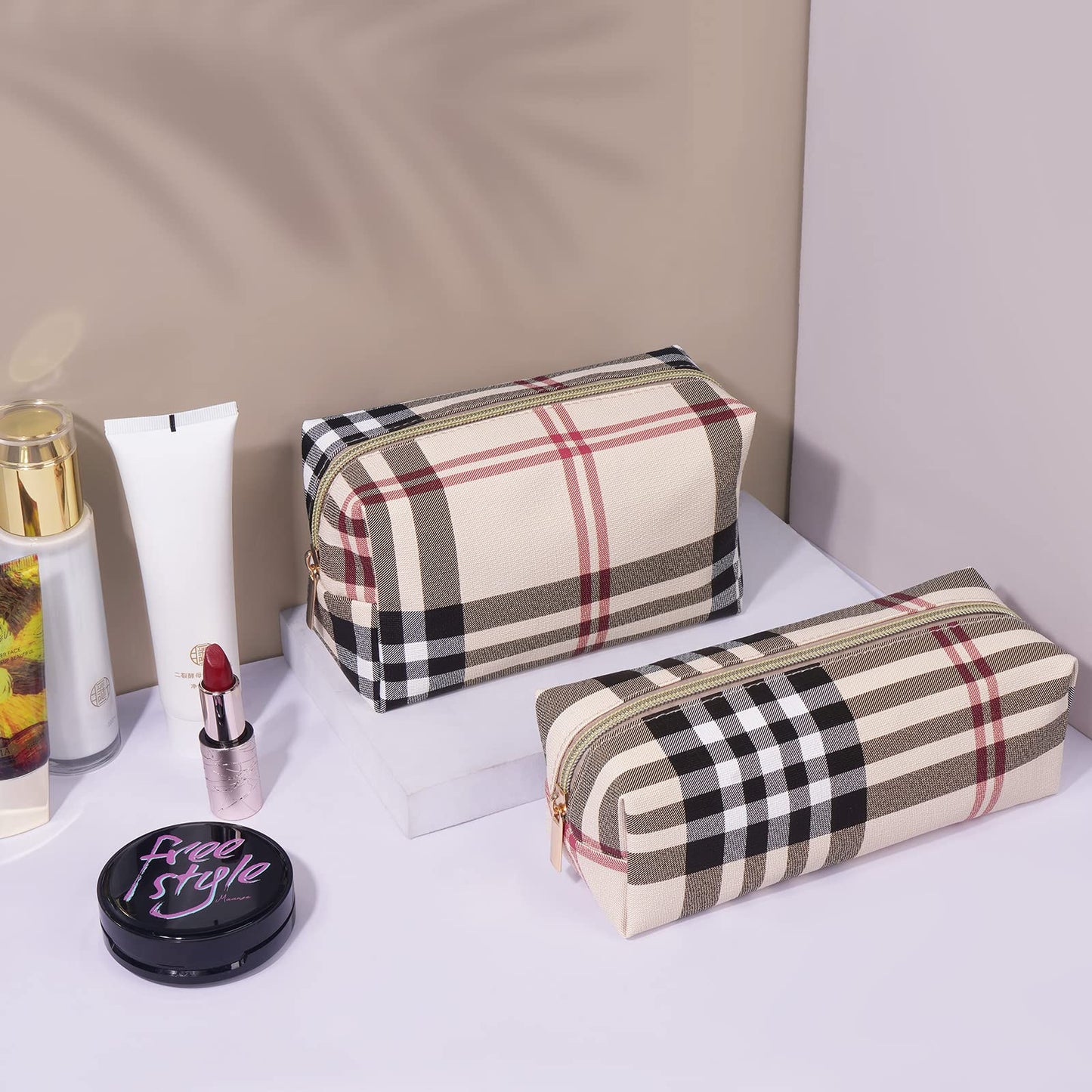 MAANGE Small Makeup Bag for Purse, 2 PCS Cosmetic Bag for Women Travel Makeup Pouch Leather Make up Bag Portable Zipper Pouch Brushes Bag - khaki plaid