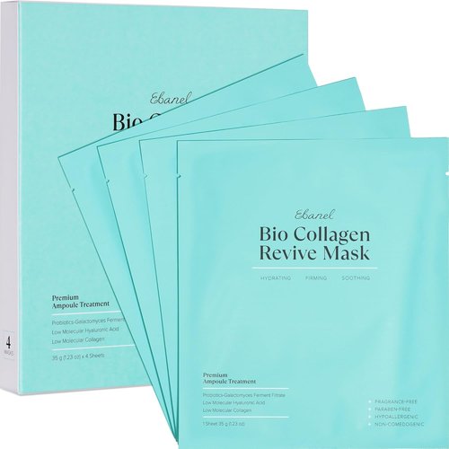 Ebanel Bio Collagen Face Mask - 4-Pack Hydrating Sheet Masks with 7 Peptides & Hyaluronic Acid for Glass Skin