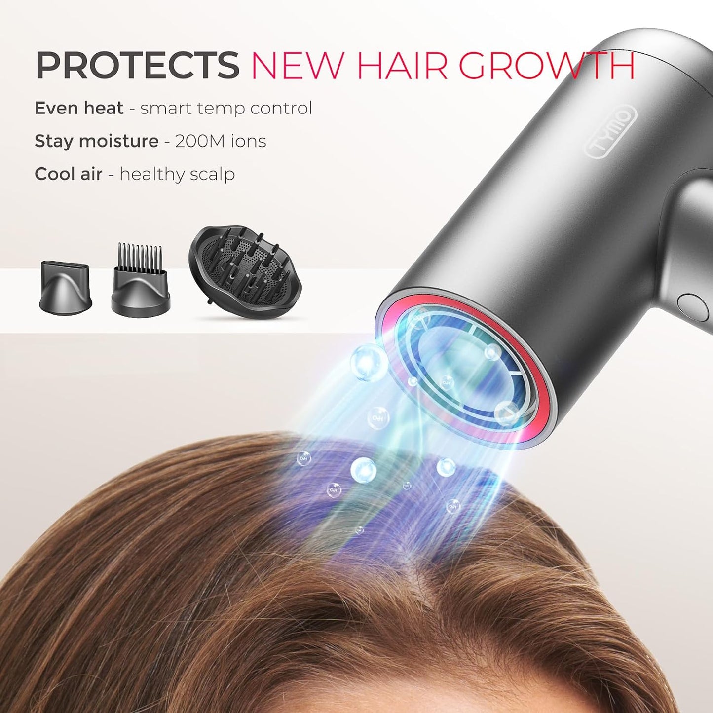 TYMO Hair Dryer - 1500W High-Speed Professional Blow Dryer with Diffuser & Comb | Fast Drying, 3 Speeds, Low Noise
