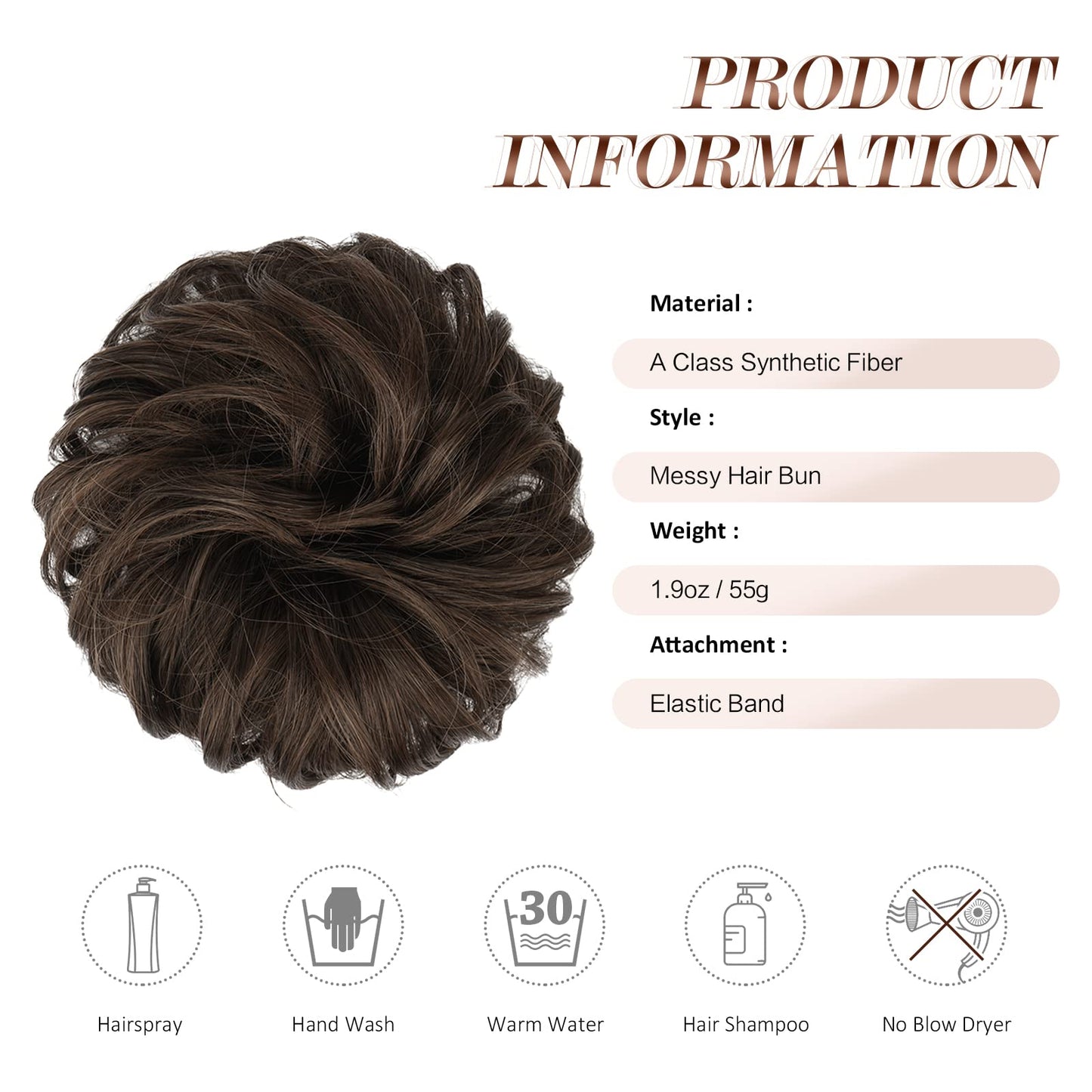 FESHFEN Messy Bun Hair Piece Wavy Curly Large Hair Bun Scrunchies Extensions Synthetic Dark Brown Mixed Light Auburn Tousled Updo Hairpieces for Women Girls