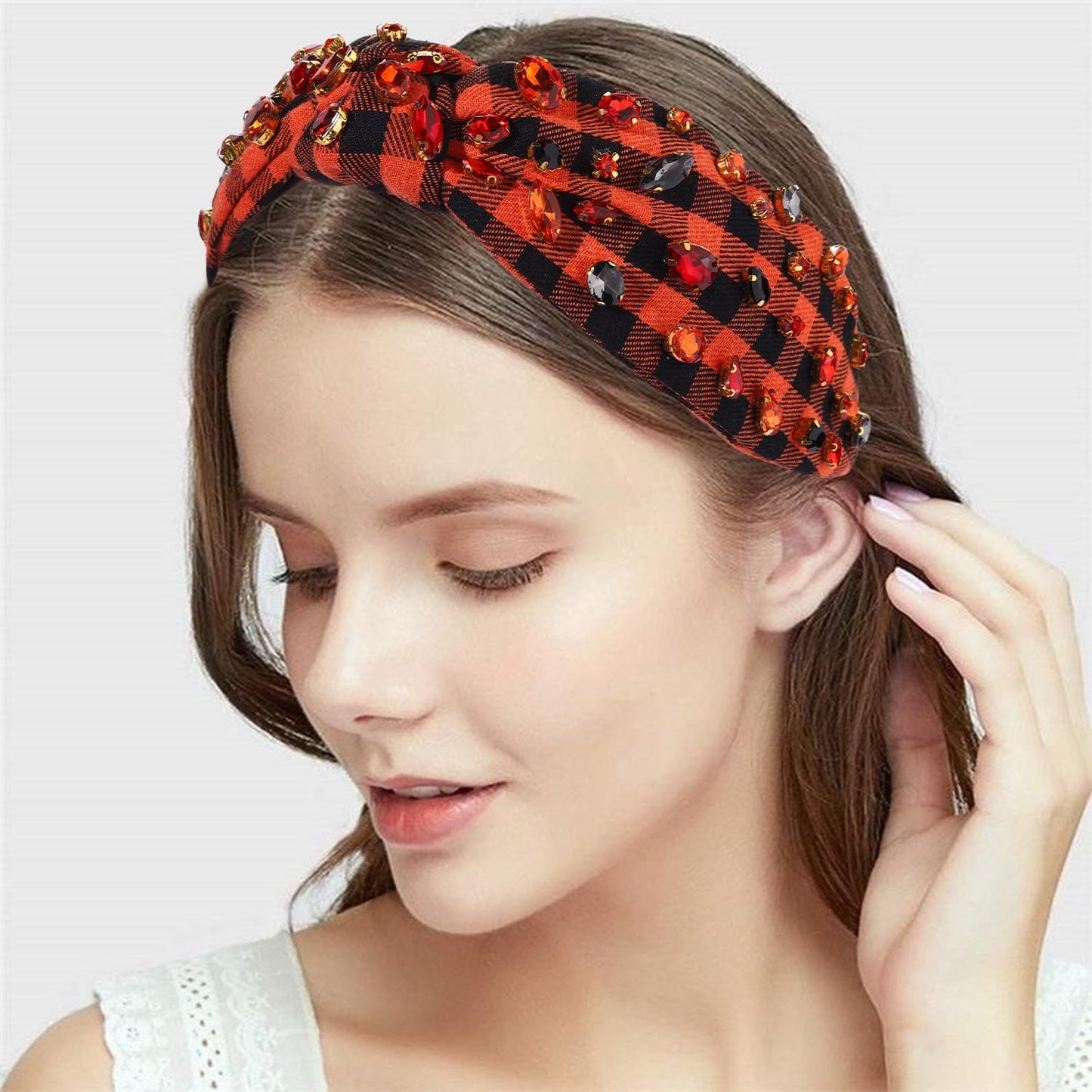 Halloween Headband for Women Rhinestone Crystal Knotted Headband Embellished Orange Black Plaid Top Knot Headband Gothic Spooky Halloween Hair Accessories Outfits Costume Party Gifts (Halloween 1)