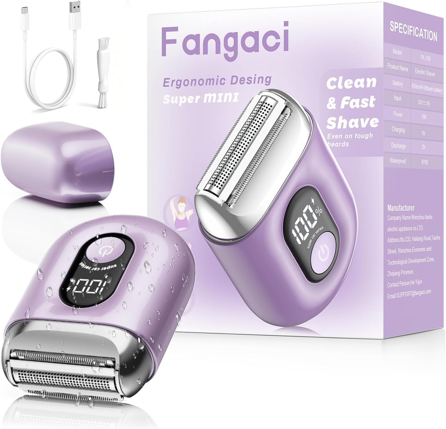 Skiennix Cordless Electric Razor for Women - Mini Rechargeable Shaver with LED Display | IPX7 Waterproof, Perfect for Face, Body & Legs (Bright Purple)