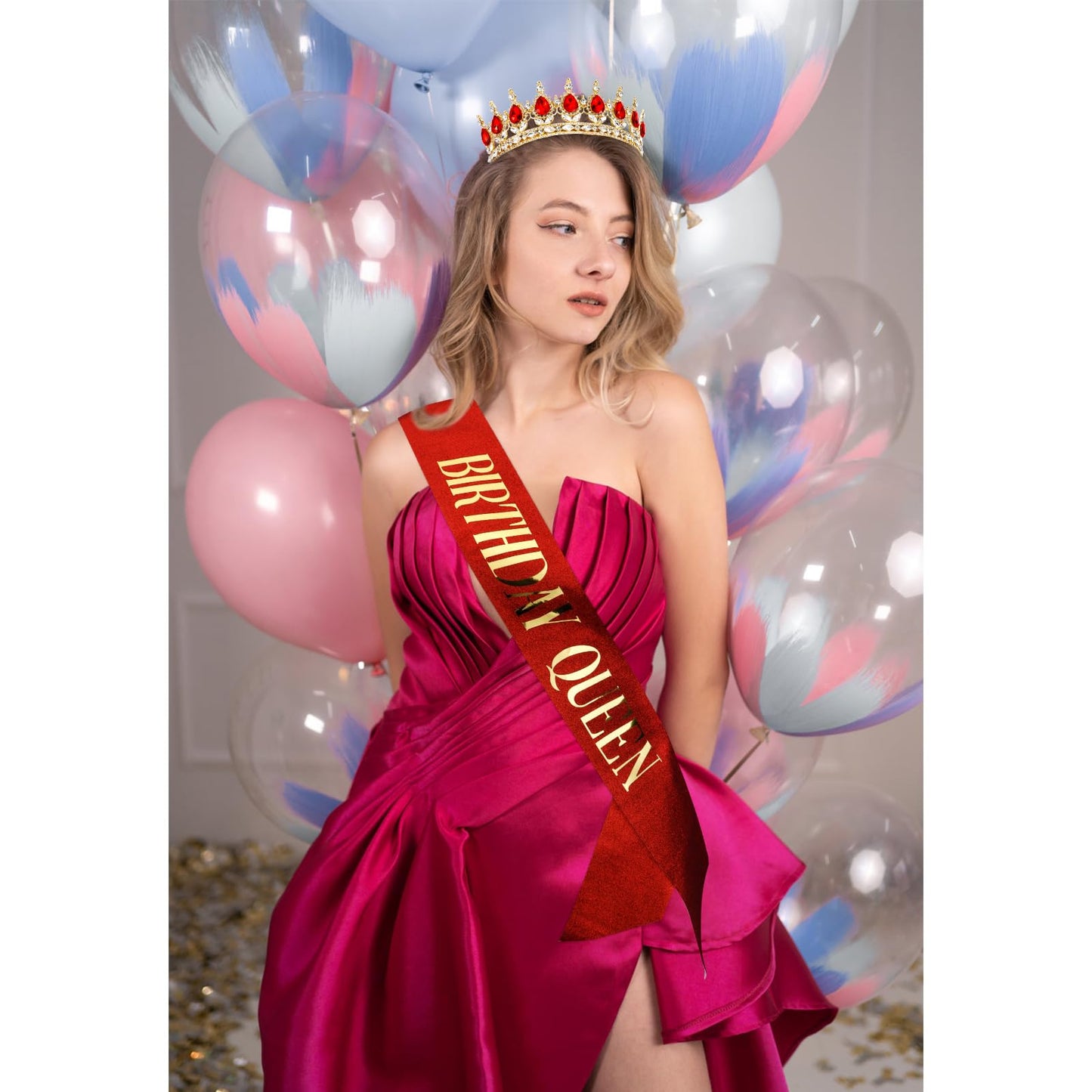 Vovii Birthday Crown & Sash Set for Women, Red Tiara & Birthday Queen Sash for Women Birthday Decorations, Happy Birthday Party Decorations for Birthday Crown Adult Woman