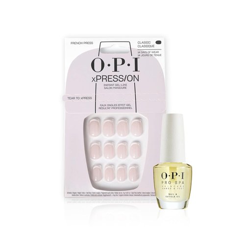 OPI Press On Nails Bundle - French Tip Nail Art with Glue & ProSpa Nail Oil, Short | 0.5 fl oz