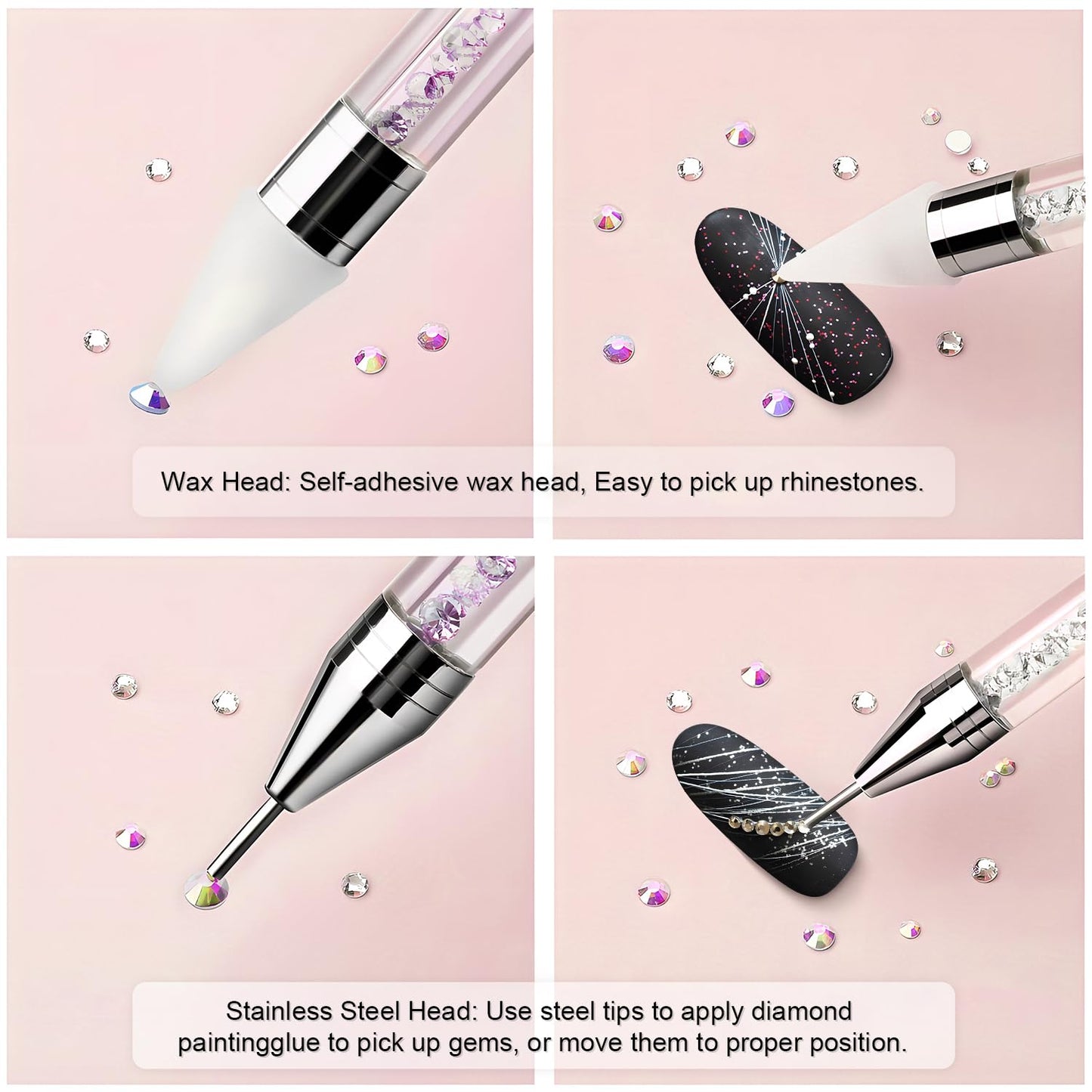 Vikerer Rhinestone Picker, 2 Pack Diamond Art Painting Dotting Pen, Dual-end Rhinestones Applicator Pickup Tool for Nail Gems Flatback Swarovski Crystal DIY with 4 Extra Tips