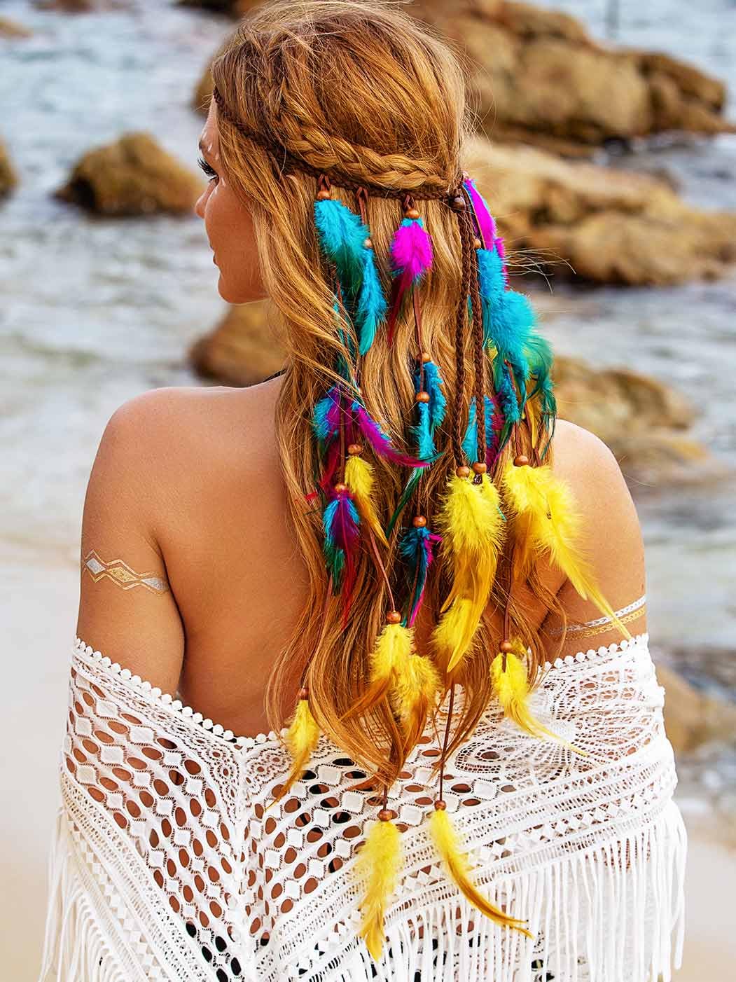 GENBREE Boho Feather Headband Gypsy Headpiece Bohemian Hippie Headbands Indian Hair Band Long Feather Hair Accessories for Women (Pattern 3)