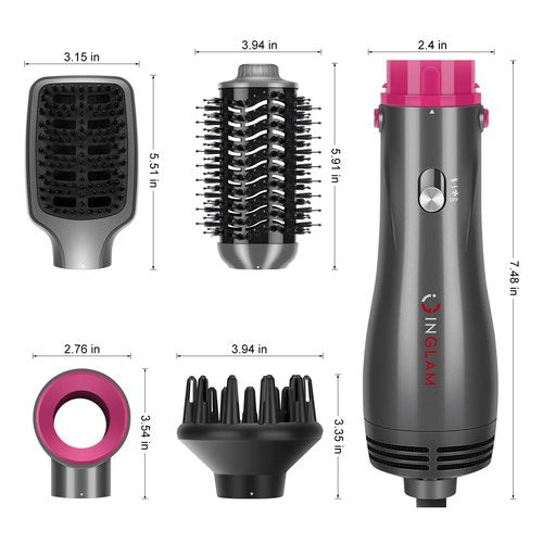 IG INGLAM 4 in 1 Hot Air Brush, Negative Ion Detachable Hair Styler & Volumizer with 2 Brush Heads, Updated Push Switch, Gray