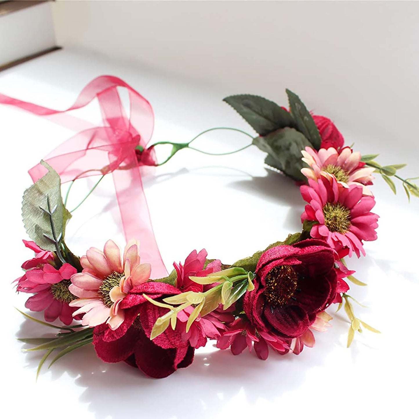 YnimioAOX Handmade Adjustable Flower Wreath Headband Halo Floral Crown Garland Headpiece,A14-wine red