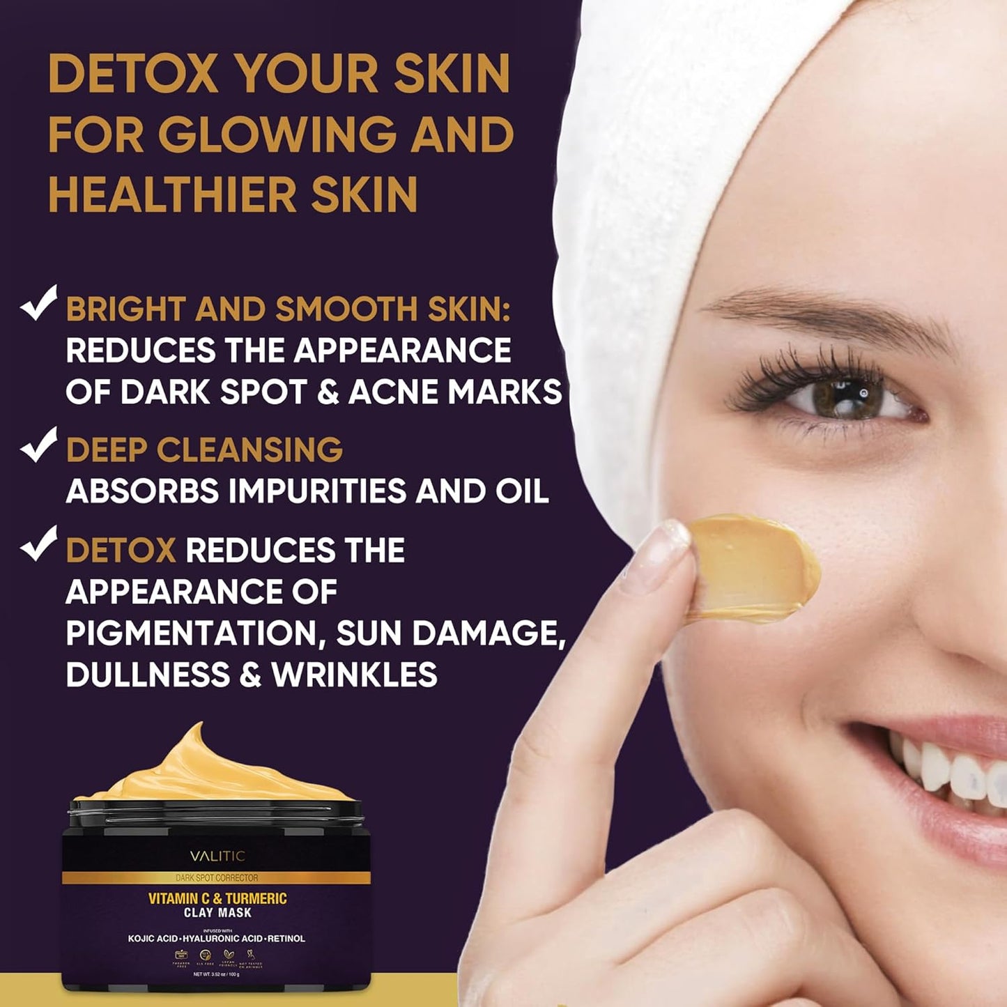 VALITIC Vitamin C & Turmeric Clay Mask - Dark Spot Corrector with Kojic Acid & Retinol - 100g
