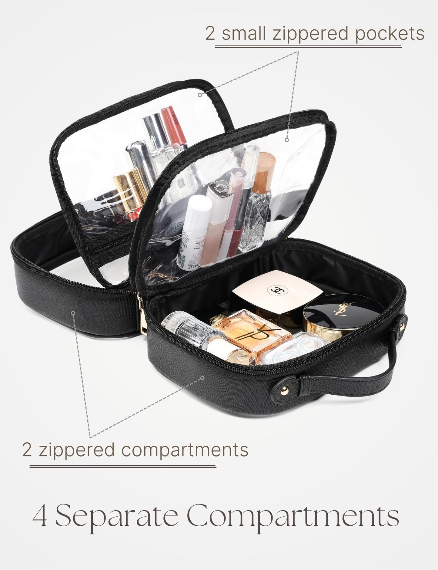 Oaque Clear Cosmetic Bag Double Layer Travel Toiletry Bag Clear Makeup Bag Case with Zipper Transparent Travel Bag for Toiletries, TSA Approved Toiletry Bag for Women Girls (Black)