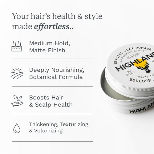 Highland Glacial Hair Clay Pomade - Award-Winning Natural Styling Clay for Healthy Hair | Low Shine, Medium Hold