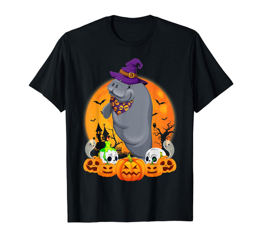 Manatee Lover Scary Pumpkin Skull Witch Manatee Halloween T-Shirt