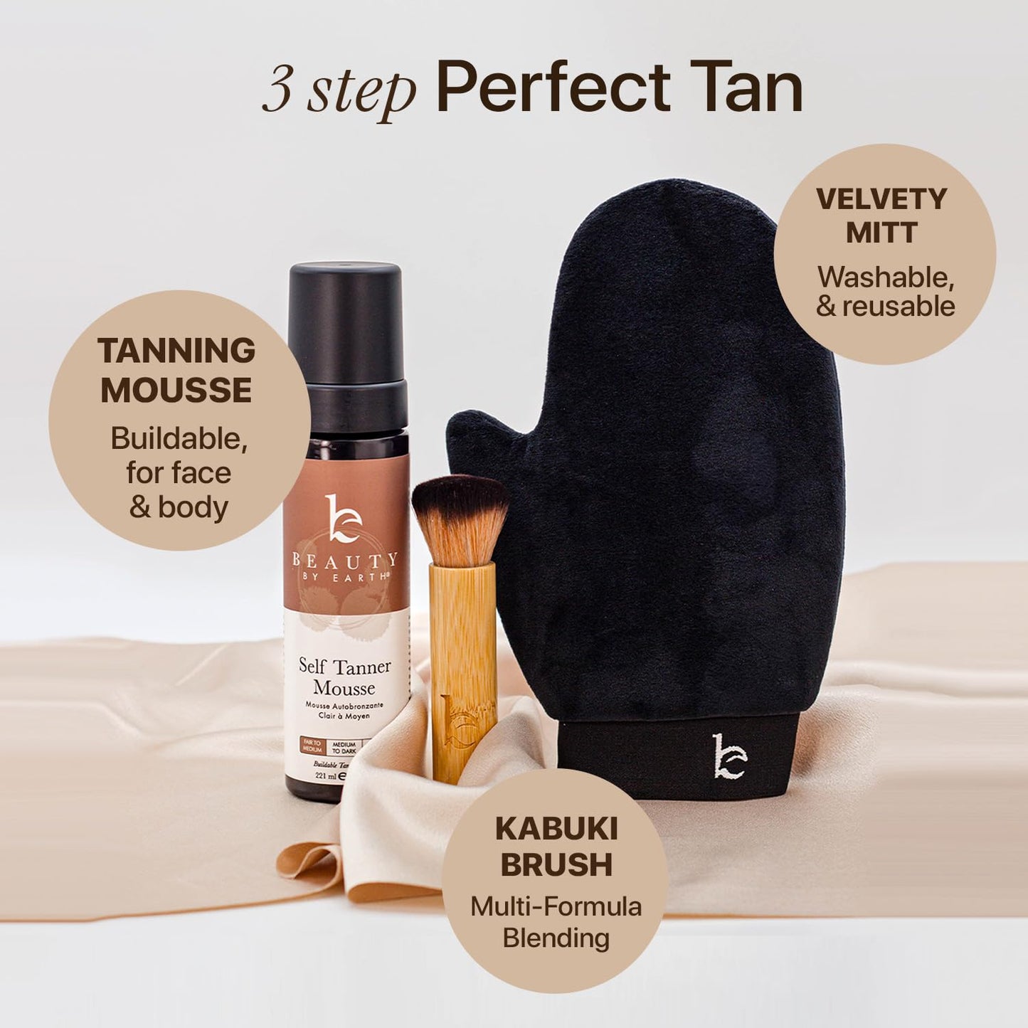 Skiennix Self Tanner Mousse Kit - USA Made, Natural & Organic Ingredients, Includes Kabuki Brush & Mitt