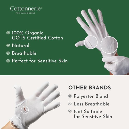 Cottonnerie Organic Cotton Gloves - Moisturizing Overnight Hand Care | 4 Pairs for Dry Hands