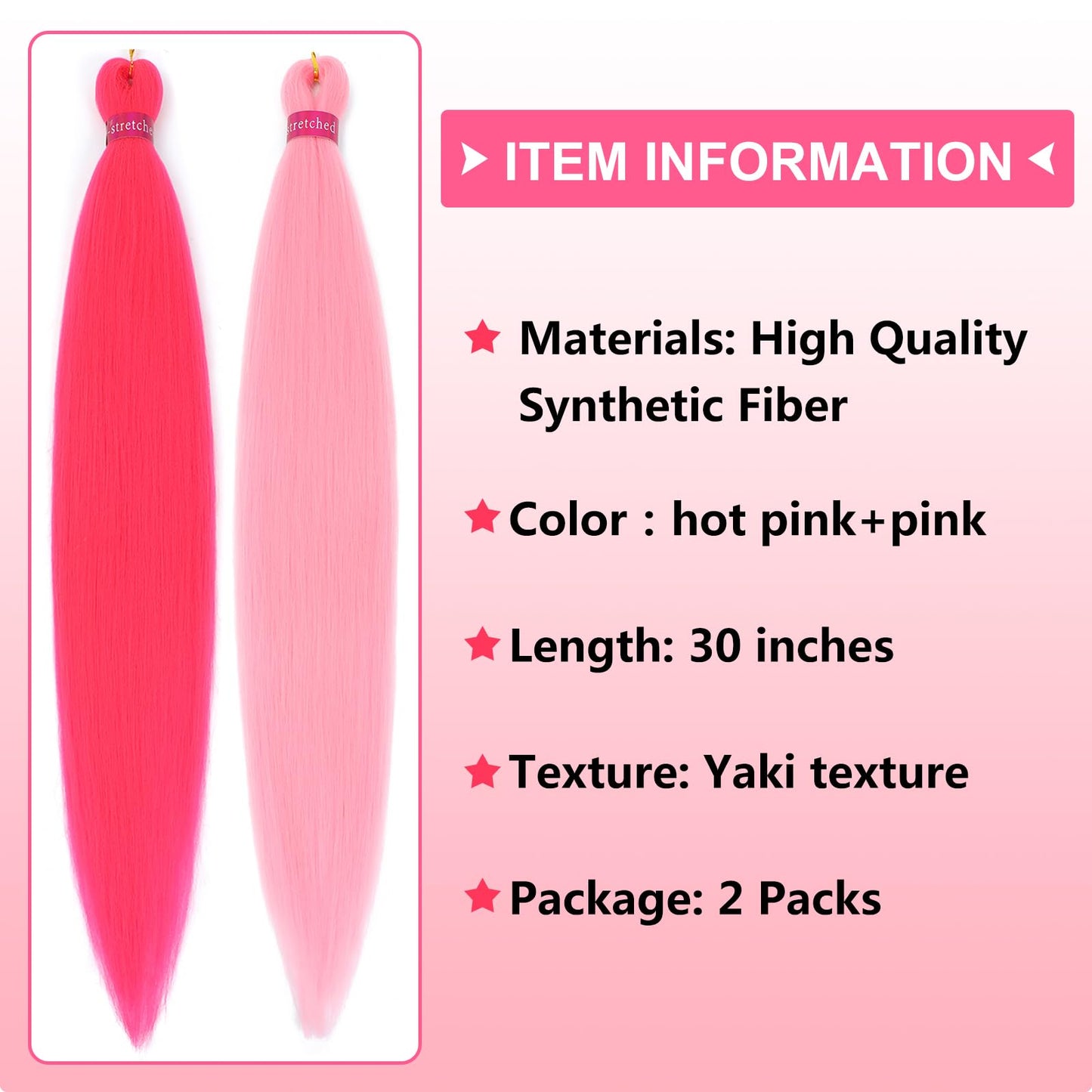 Pink+Hot Pink Pre Stretched Braiding Hair 30 Inch Box Braids 2 Packs Synthetic Crochet Braid Neat Yaki Texture Hot Water Setting Hair Extensions