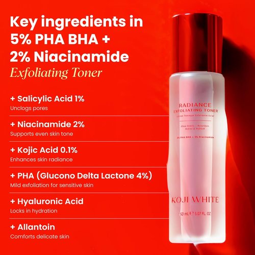 Koji White Exfoliating Toner - Hydrating 5% PHA BHA Formula with Niacinamide & Kojic Acid | 5.07 Fl Oz
